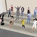 Group of People Dancing Waving Standing Sitting In Indoor Room With White Walls Plant Carpet