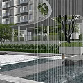 Modern Residential Landscape With Gray Textured Wall Sculpture Green Plants And High-Rise Background
