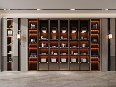 Modern Wooden Bookcase Interior With Layered Shelves Decorative Lighting And Display Items 3d model