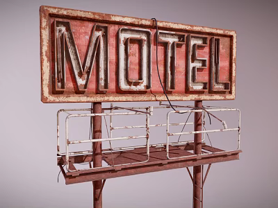 Vintage Rusty Motel Traffic Sign With Red Background White Letters Metal Frame And Outdoor Stand 3d model