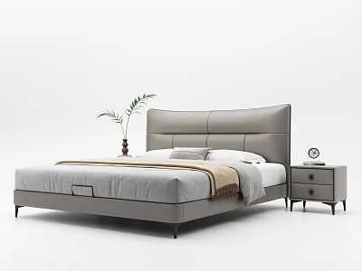 Modern Double Bed With Leather Headboard Gray Sheet Brown Throw Nightstand And Green Plant 3d model