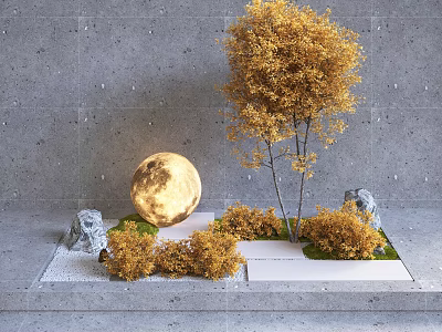 Garden Decorative Ornament With Golden Trees Glowing Moon Gray Stones And Green Moss 3d model