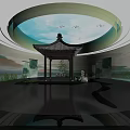 Chinese Pagoda Interior With Circular Ceiling Green Blue Lighting Black Reflective Floor And Landscape Paintings
