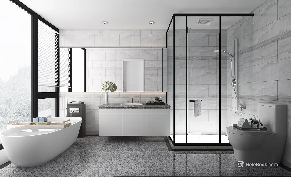 Modern Bathroom Interior with Large Windows Blinds Marble Walls Glass Shower Vanity Bathtub and Toilet 3d model 