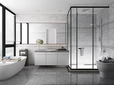 Modern Bathroom Interior with Large Windows Blinds Marble Walls Glass Shower Vanity Bathtub and Toilet 3d model