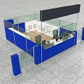 Modern Blue And White Service Counter With Glass Partitions And Computer Workstations