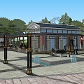 Traditional Square Landscape with Pavilion Covered Walkway Stone Pavement Trees and People Walking