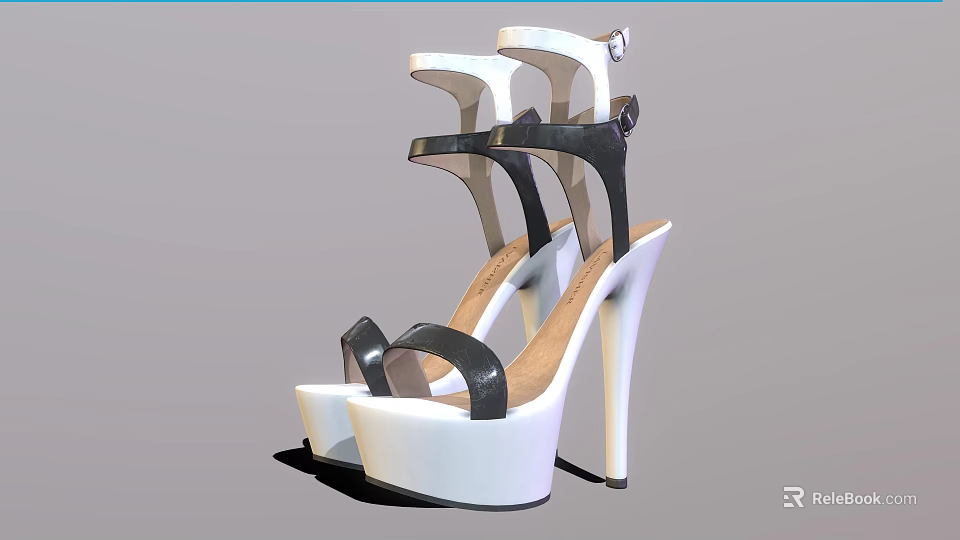 Women's Fashionable Black And White High Heel Sandals With Strap Design And Platform Soles 3d model 