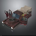 Vintage Rusty Car With Open Doors Beige Canopy Blue Circular Front And Plaid Shirt Figure