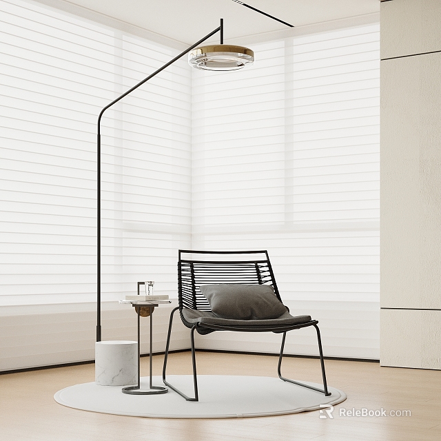 Minimalist Leisure Chair With Black Metal Frame Gray Pillow And Floor Lamp In Bright Room With White Blinds 3d model 