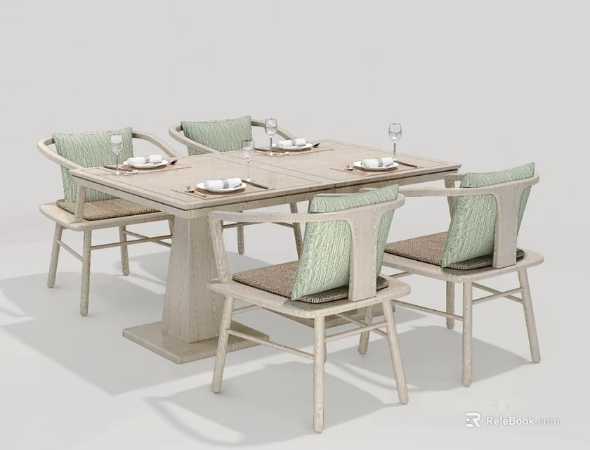 Light Wood Rectangular Dining Table Set With Four Green Cushion Chairs And White Plates Glasses 3d model