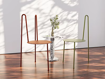Red and Green Minimalist Leisure Chairs with Metal Legs Side Table Plant on Wooden Floor 3d model