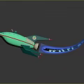 Flying 3D Green Red Spaceship Model With Blue Flame And Reflection