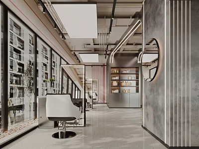 Modern Beauty Hair Salon Interior Design With Stylish Hairdressing Chairs And Neat Product Display Shelves 3d model