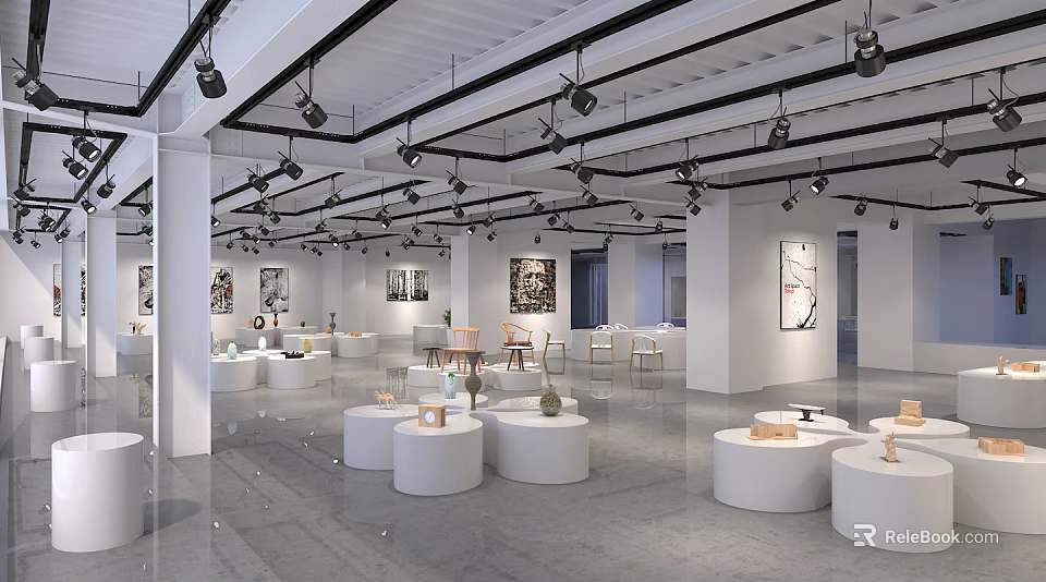 Modern Exhibition Hall Interior With White Display Platforms Art Paintings And Spotlights 3d model 