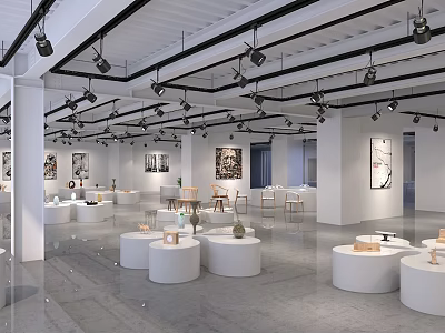 Modern Exhibition Hall Interior With White Display Platforms Art Paintings And Spotlights 3d model