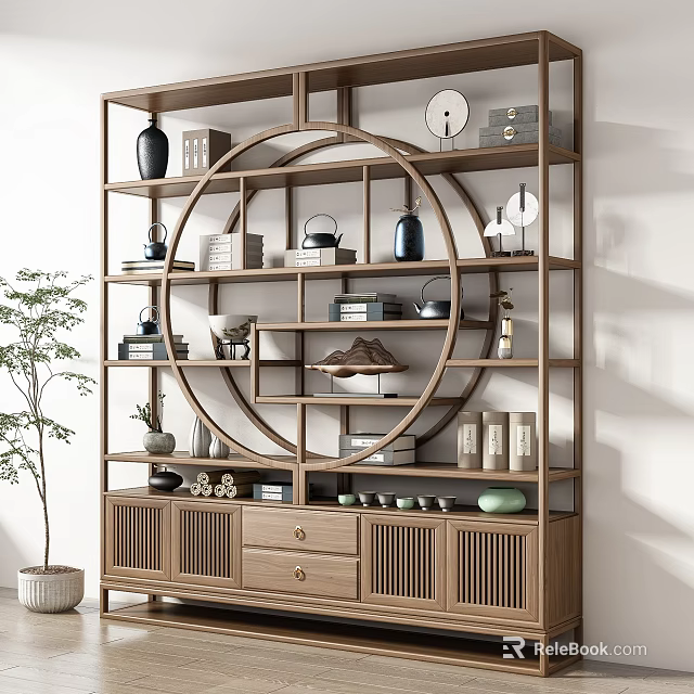 Traditional Chinese Wooden Display Shelf With Decorations And Cabinets 3d model 
