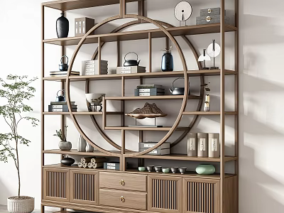 Traditional Chinese Wooden Display Shelf With Decorations And Cabinets 3d model