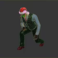 Man Wearing Santa Hat Blue Shirt And Black Vest Crouching On Gray Background