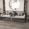 Chinese Traditional Daybed With Round Landscape Painting Wooden Shelves Side Table And Cushions