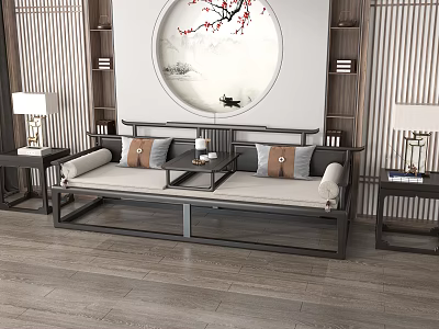 Chinese Traditional Daybed With Round Landscape Painting Wooden Shelves Side Table And Cushions 3d model