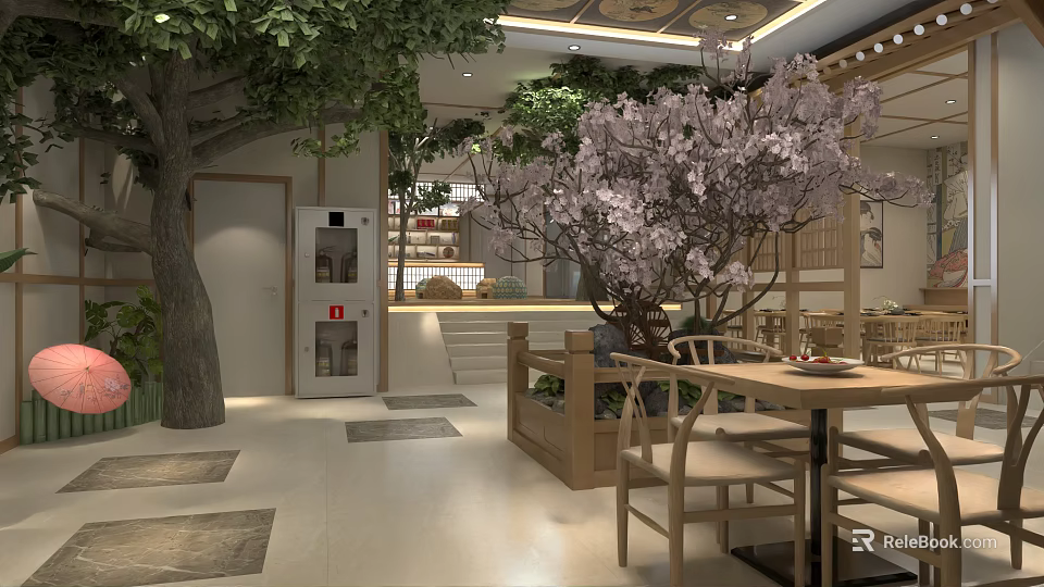 SPA Sauna Relaxing Interior With Cherry Blossom Tree Wooden Structure And Natural Elements 3d model 
