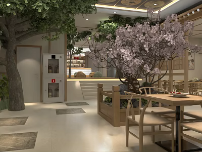 SPA Sauna Relaxing Interior With Cherry Blossom Tree Wooden Structure And Natural Elements 3d model