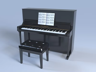Black Upright Piano With Sheet Music And Leather Piano Bench 3d model