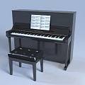 Black Upright Piano With Sheet Music And Leather Piano Bench