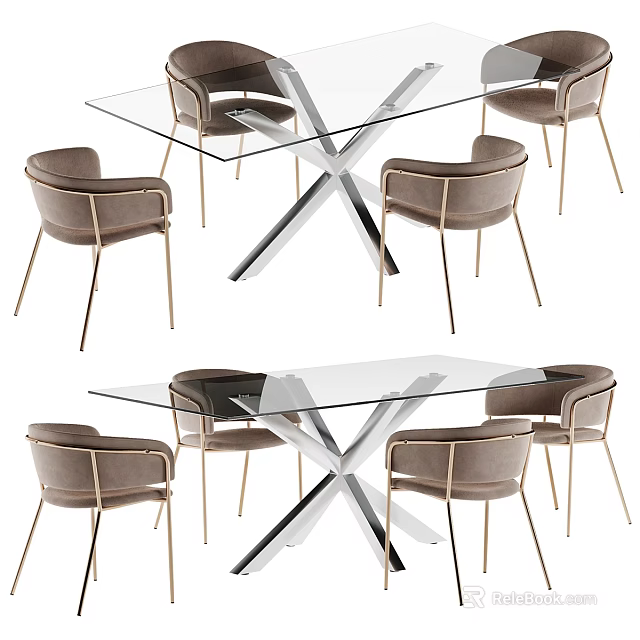 Modern Glass Top Dining Table Set With Cross Metal Legs And Upholstered Chairs 3d model 