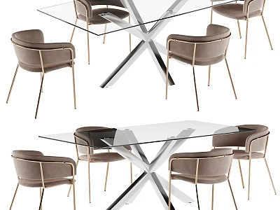 Modern Glass Top Dining Table Set With Cross Metal Legs And Upholstered Chairs 3d model