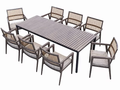 Outdoor Rectangular Table with Striped Wooden Top and Eight Rattan Chairs for Patio Garden Use 3d model