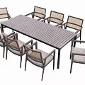 Outdoor Rectangular Table with Striped Wooden Top and Eight Rattan Chairs for Patio Garden Use