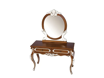 Classical Wooden Dressing Table With Oval Mirror White Carved Details And Curved Legs 3d model