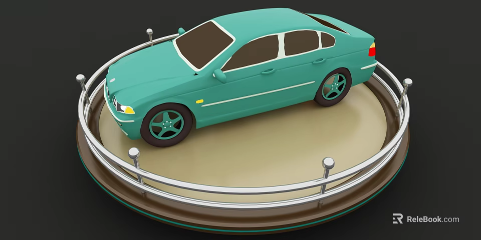 Light Green Sedan Showcased on Circular Display Platform With Metal Railings 3d model 