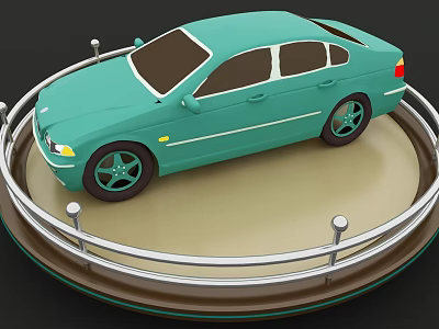 Light Green Sedan Showcased on Circular Display Platform With Metal Railings 3d model