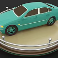 Light Green Sedan Showcased on Circular Display Platform With Metal Railings