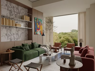 Modern Living Room Interior With Green Red Sofas Marble Wall Bookshelves And Green Trees Outside 3d model