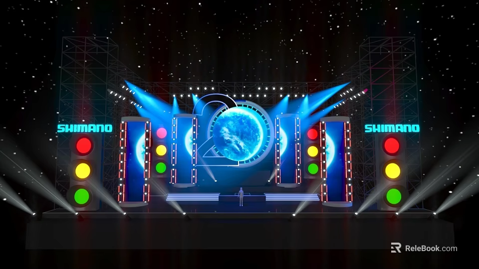 Shimano Stage With Blue Globe Traffic Lights And Bright Lighting On Metal Truss 3d model 
