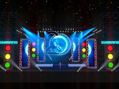 Shimano Stage With Blue Globe Traffic Lights And Bright Lighting On Metal Truss 3d model