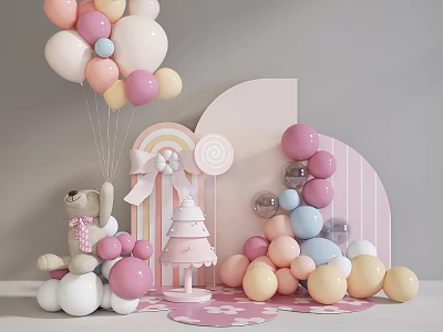 Colorful Party Decoration With Pastel Balloons Rainbow Teddy Bear And Small Tree 3d model