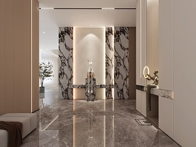 Elegant Modern Foyer With Marble Walls Flooring Sculpture And Lighting 3d model