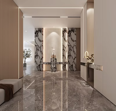 Elegant Modern Foyer With Marble Walls Flooring Sculpture And Lighting 3d model