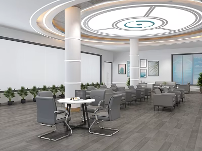 Spacious Modern Service Hall Waiting Area With Comfortable Seating Tables And Green Plants 3d model