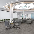Spacious Modern Service Hall Waiting Area With Comfortable Seating Tables And Green Plants
