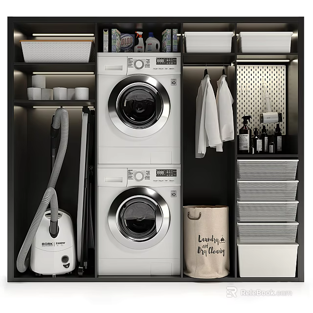 Bathroom Cabinet Rack with Stacked Washing Machine Dryer Hanging Towels Storage Boxes and Vacuum Cleaner 3d model 