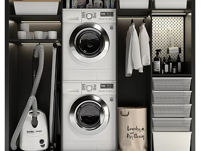 Bathroom Cabinet Rack with Stacked Washing Machine Dryer Hanging Towels Storage Boxes and Vacuum Cleaner 3d model