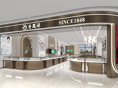 Elegant Luxury Jewelry Store Interior With Modern Display Counters And Chandeliers 3d model