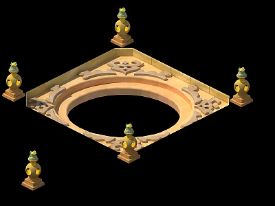 Ornate Square Structure With Circular Opening And Decorative Lamp Posts Featuring Carved Patterns 3d model