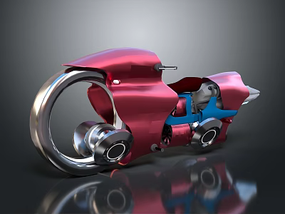 Futuristic Red and Blue Motorcycle Featuring Metallic Components Silver Ring Structure and Reflective Finish 3d model